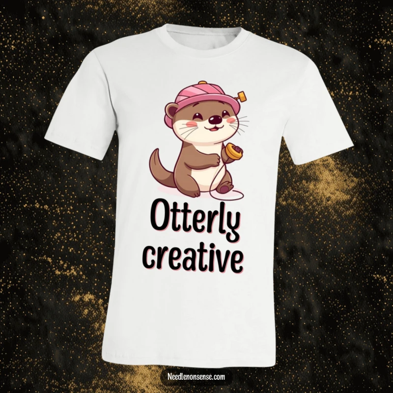 Funny Otter Sewing T-Shirt, depicting a playful otter with a spool hat, spinning happily, ideal for crafters.