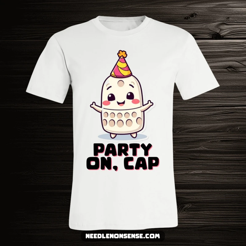 Funny t-shirt of a smiling thimble character in a party hat, spinning with pure joy and festive spirit.