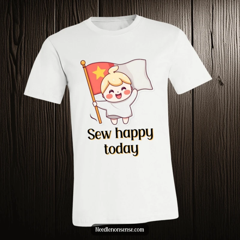 Funny t-shirt of a cheerful character sewing a smiling face onto a waving flag, embodying a spirit of happiness.