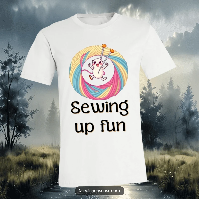 Funny t-shirt showcasing a cute needle character joyfully leaping through a huge loop of colorful thread, full of sewing energy.