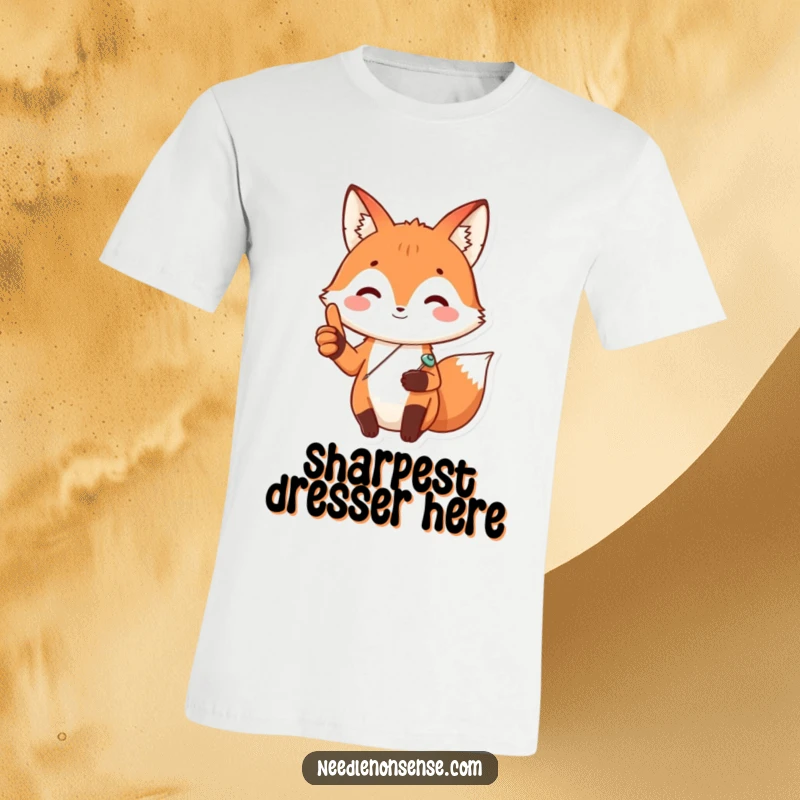 Funny Fox Sewing T-Shirt, depicting a cheerful fox with a sewing pin, giving a positive thumbs up, ideal for crafters.
