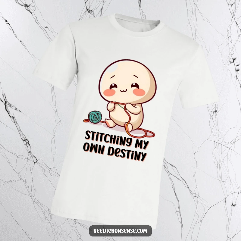 Funny t-shirt featuring a giggling needle character enthusiastically threading colorful string, indicating a fun and creative hobby.