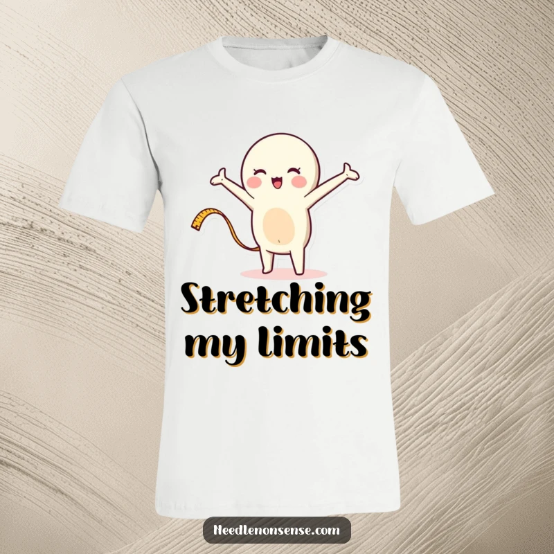 Funny t-shirt displaying a whimsical measuring tape character stretching energetically, perfect for DIY enthusiasts who appreciate humor.