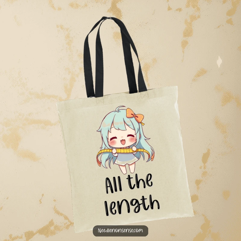 Funny Measuring Ribbon Tote Bag: An enthusiastic character measures a long ribbon, perfect for carrying projects and more.