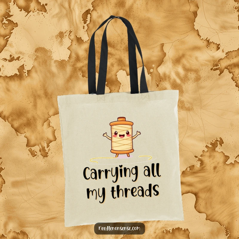 Funny thread spool character tote bag, actively unspooling threads, a vibrant and humorous accessory for sewers.
