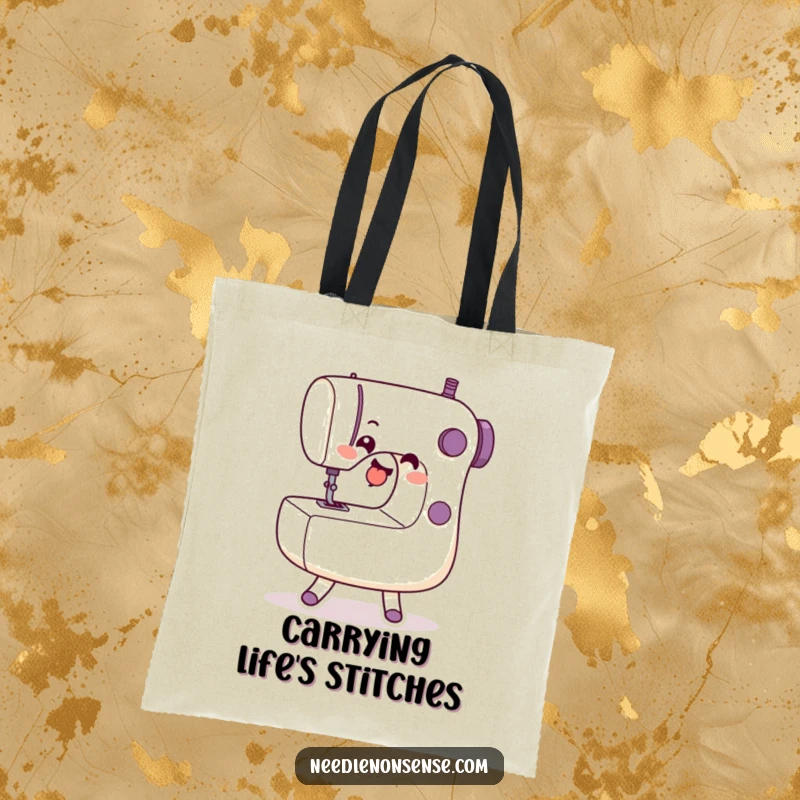 Funny Tote Bag featuring a sewing machine character joyfully dancing, ideal for carrying craft supplies with flair.