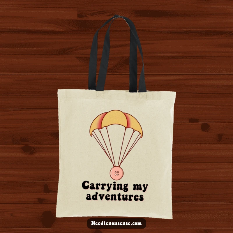 Funny Button Parachute Tote Bag, a tiny button uses a fabric swatch as a parachute, funny adventure tote.