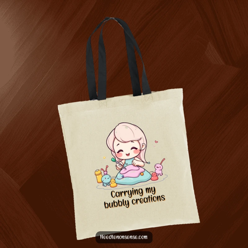 Funny tote bag showcasing a bubbly soda character happily sculpting small figures, perfect for artists and craft lovers.