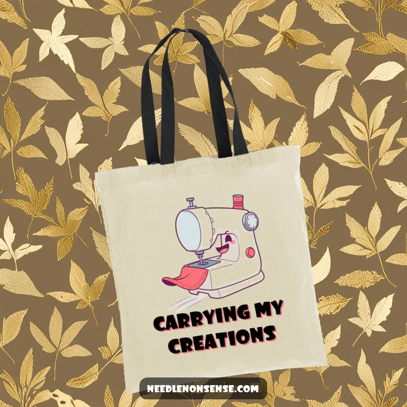Funny Tote Bag: A mischievous sewing machine character gleefully zooms across fabric, perfect for carrying sewing essentials.