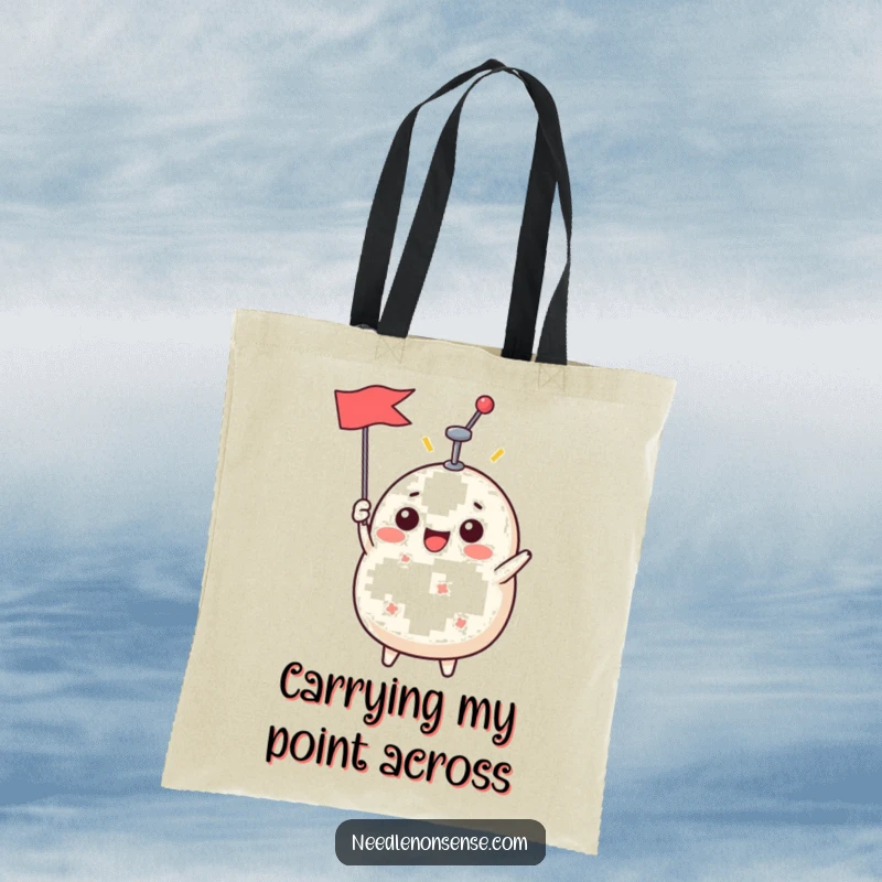 Funny Tote Bag featuring an enthusiastic pin cushion character raising a single pin like a victory flag, ready for any task.