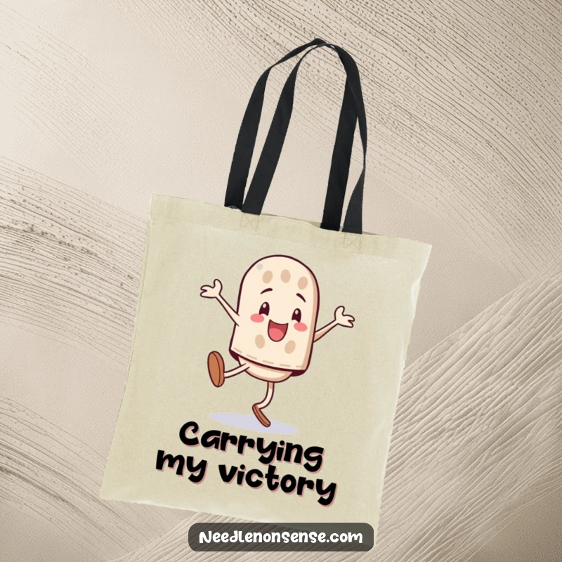 Funny playful thimble character performing a triumphant cartwheel, printed on a durable tote bag.