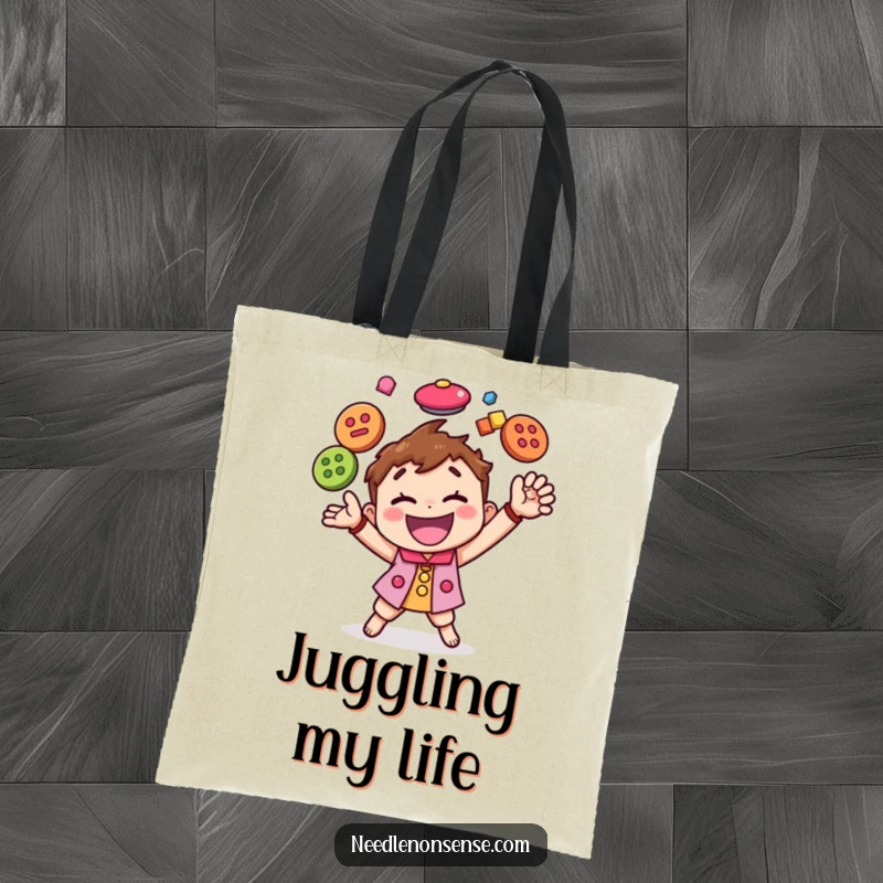 Funny tote bag showcasing a happy character juggling colorful buttons with skill, perfect for carrying supplies with a humorous twist.