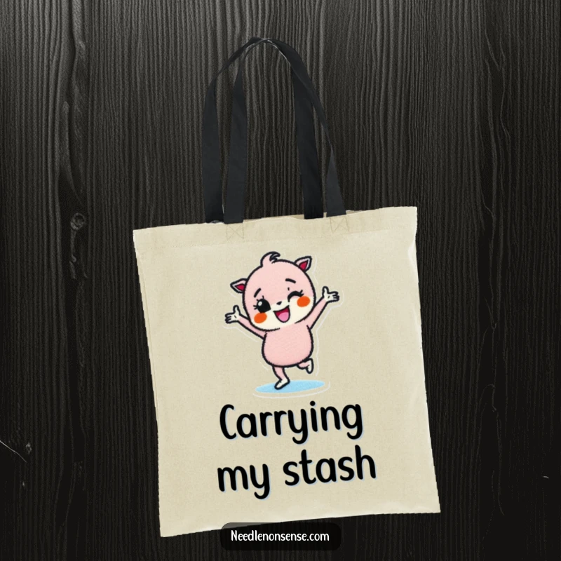 Funny tote bag featuring a determined fabric patch character dancing with glee, ideal for carrying items with a cheerful vibe.