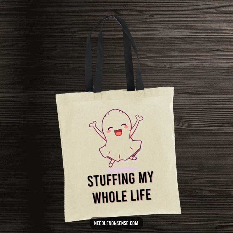 Funny Tote Bag with a delighted fabric scrap character doing a cartwheel, perfect for carrying sewing essentials.