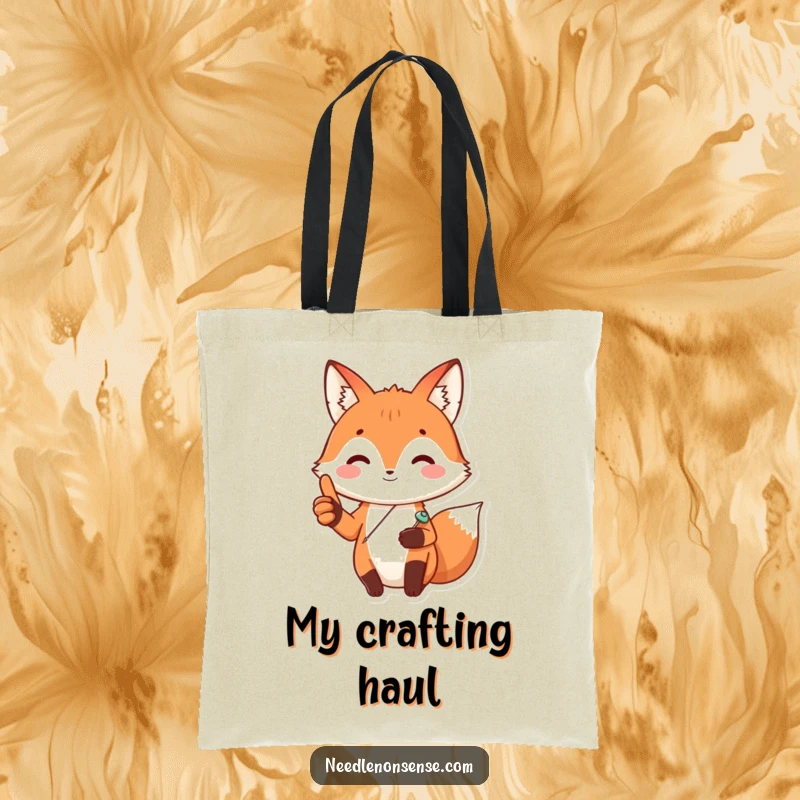 Funny Fox Sewing Tote Bag, showing a happy fox with a sewing pin, giving a thumbs up, perfect for carrying supplies.