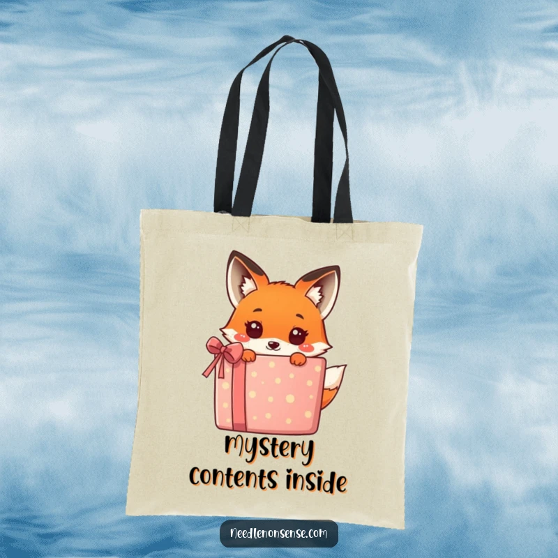 Funny kawaii fox peeking from behind a giant, festive gift, a charming and humorous design on this tote bag, perfect for shoppers.