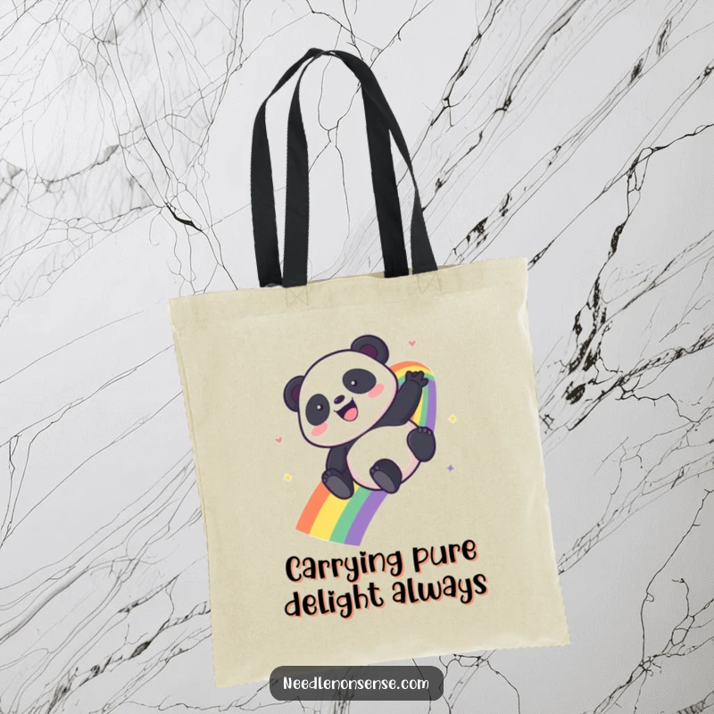 Funny Kawaii Panda tote bag showcasing a happy panda sliding down a vibrant rainbow, ready for adventure.