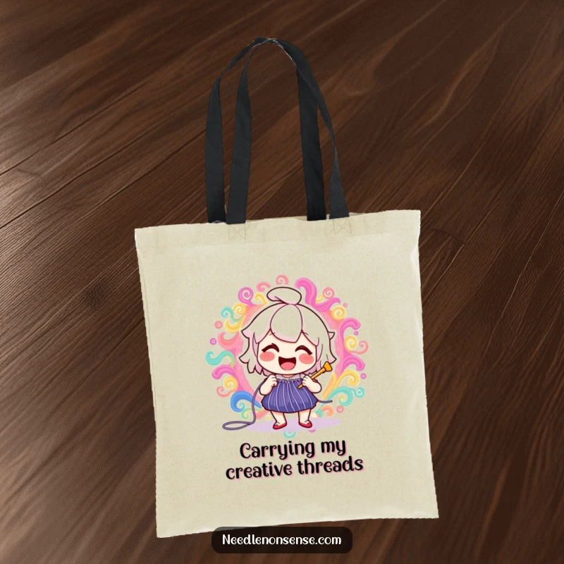 Funny delighted needle character joyfully stitching a vibrant, swirling pattern, a humorous scene on this practical and funny tote bag.