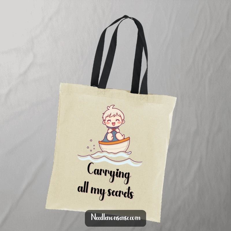 Funny tote bag with a giggling character navigating a thimble boat, perfect for carrying craft supplies with humor.