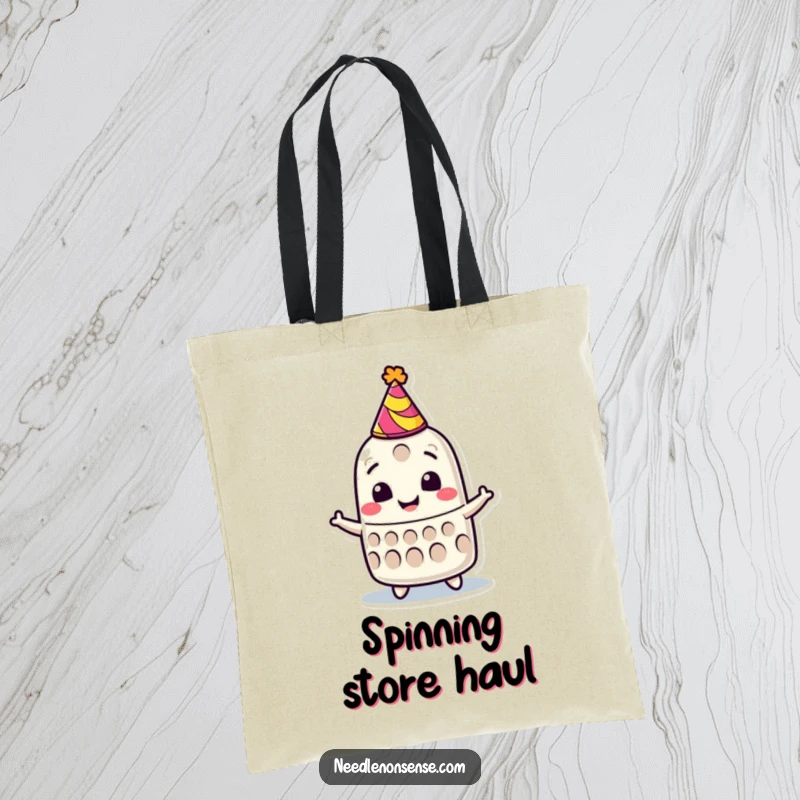 Funny tote bag adorned with a smiling thimble character in a party hat, spinning joyfully, ready for anything.