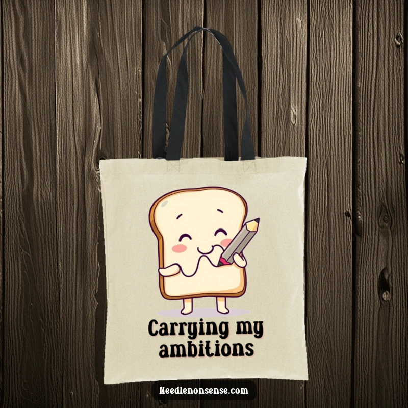 Funny Tote Bag: A smiling toast character holding a giant pencil, ready to draw a squiggle, showcasing artistic spirit and humor.