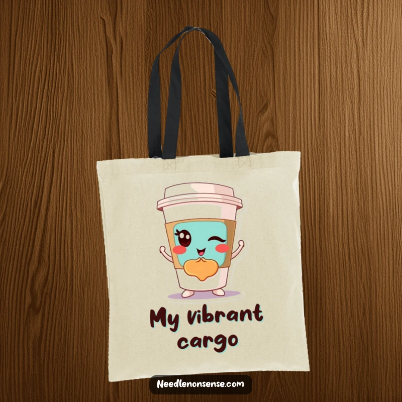 Funny tote bag showcasing a winking coffee cup character proudly displaying a colorful abstract design, great for art and coffee fans.