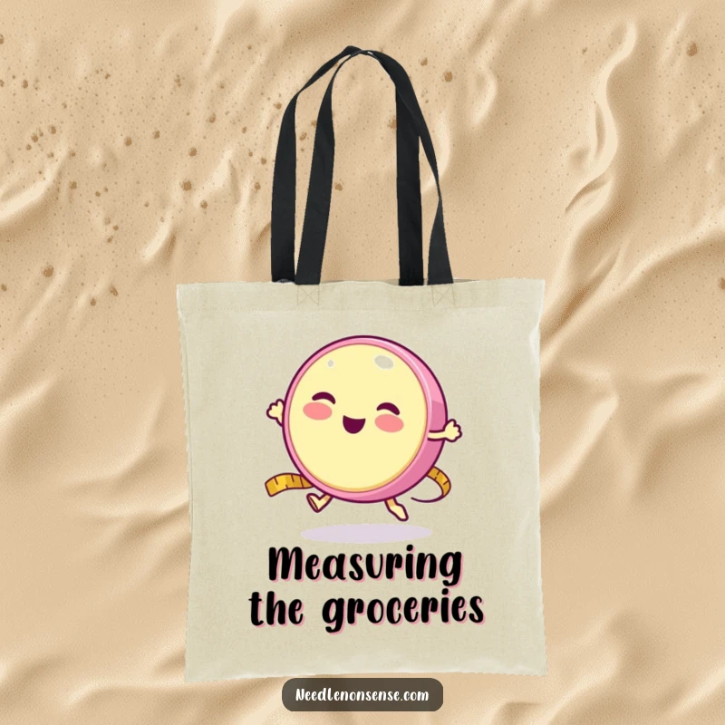 Funny tote bag with a round measuring tape character happily bouncing like a yo-yo, perfect for craft supplies.