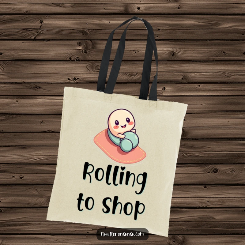 Funny button character tote bag, captured mid-roll down a fabric slope, a charming and humorous accessory.