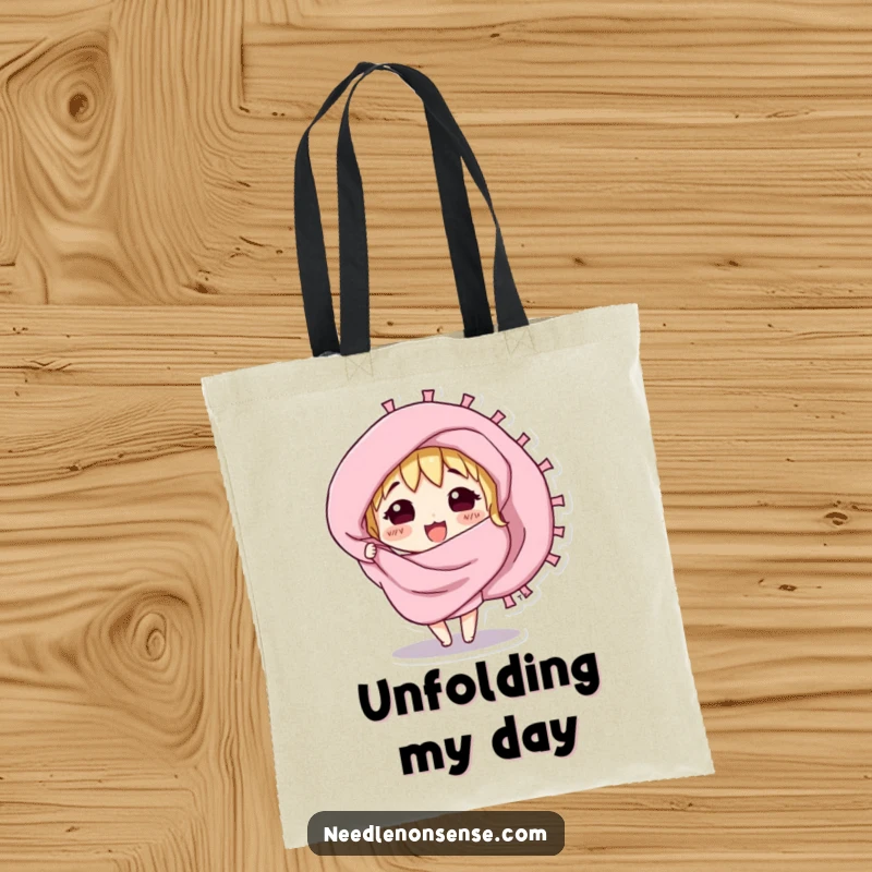Funny tote bag with a curious fabric swatch character excitedly unfurling, ideal for carrying craft supplies.